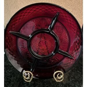 Vintage Royal‎ Ruby Red Luminarc France Divided Relish Dish Etched Pattern 10"